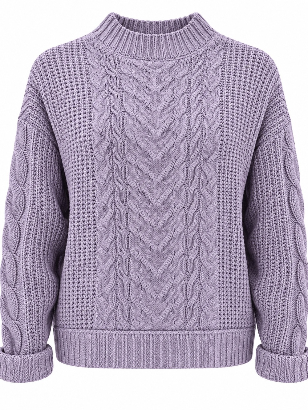 Women’s Lavender Cable Knit Mock Neck Sweater Chunky Cozy Pullover Size L